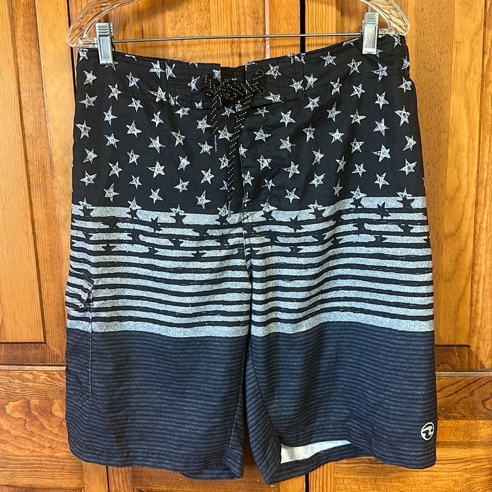 Ocean Current Black & Grey Stars and Stripes Swim Trunks/Board Shorts Size L